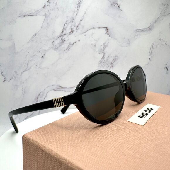 New MIU MIU Sunglasses Black Acetate Slim Round Gold Metal Logo Authentic Women - Picture 14 of 16